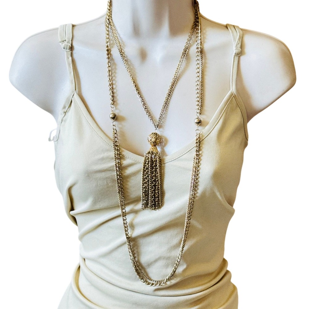 VTG Regal 60s Chandelier Necklace Gold Plated Bold Chunky Tassel Collar Retro